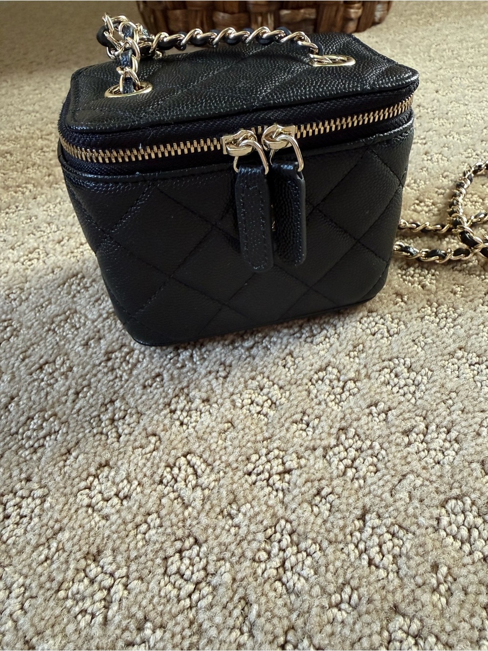 Quilted Black Leather Vanity Crossbody with Gold Chain Strap